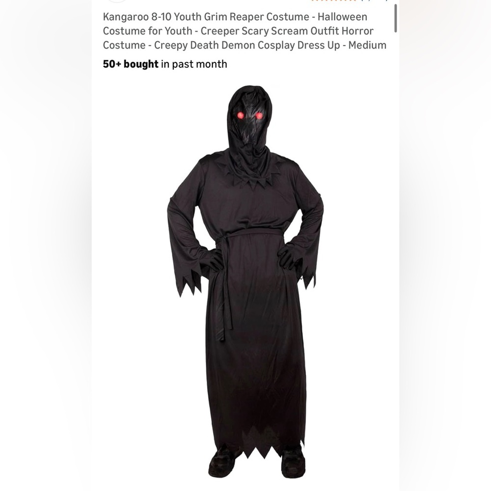 Youth, Grim Reaper, costume, gloves, glasses, cape, and mask 8-10 year